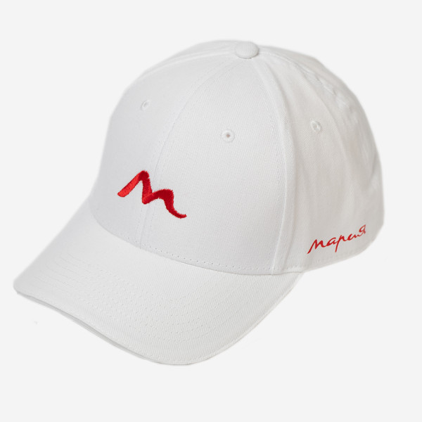 Бейсболка "Мария". Белая с красным логотипом Бейсболка "Мария". Белая с красным логотипом