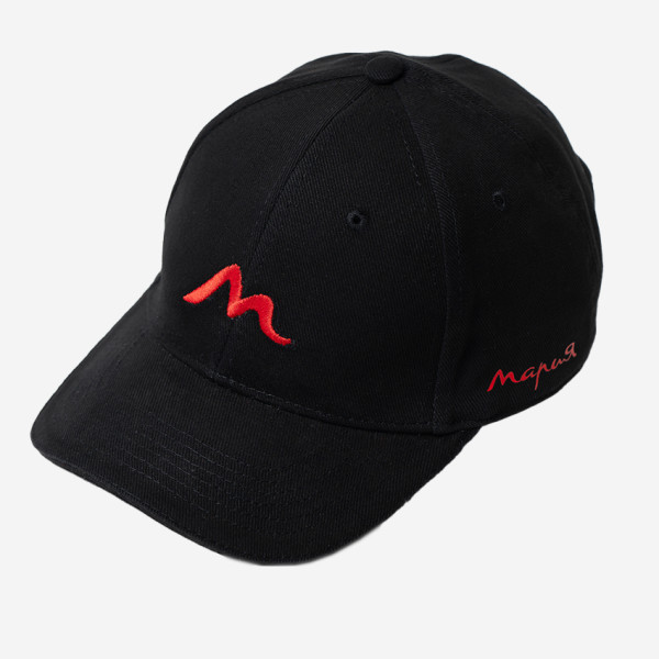 Бейсболка "Мария". Черная с красным логотипом Бейсболка "Мария". Черная с красным логотипом