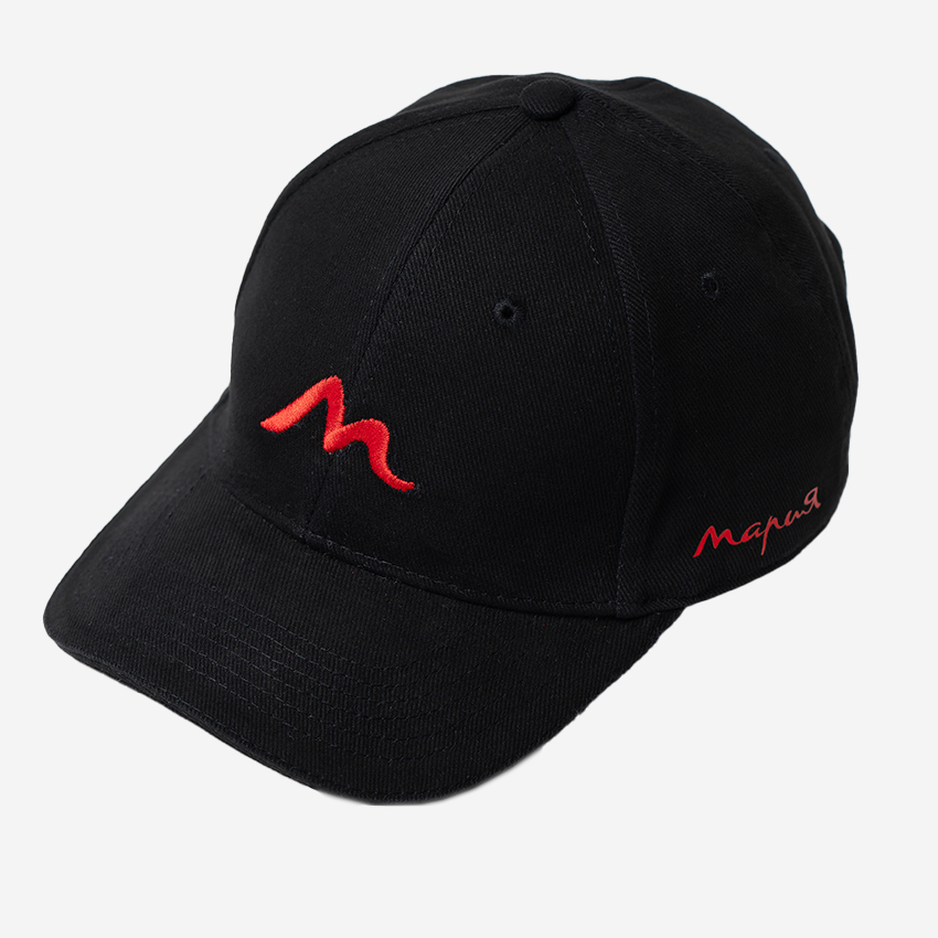 Бейсболка "Мария". Черная с красным логотипом Бейсболка "Мария". Черная с красным логотипом