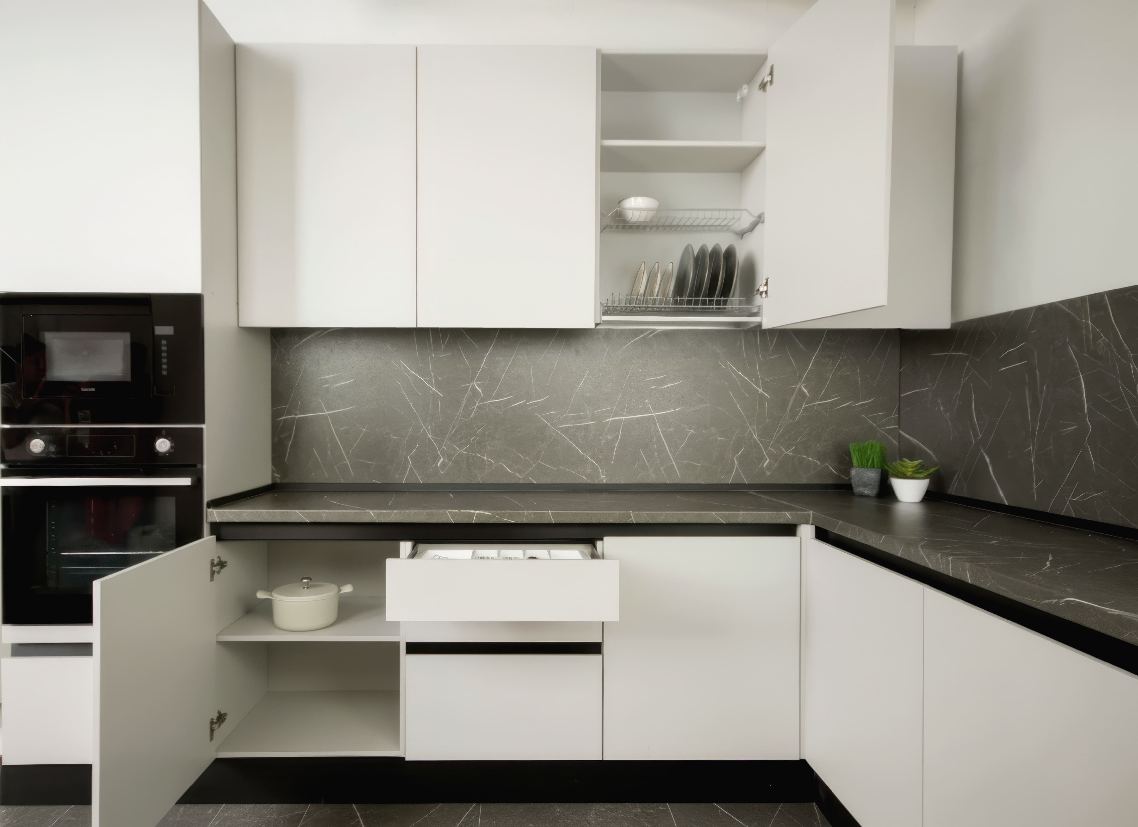 Кухонный гарнитур угловой КС-01, Светло-серый, 300х180 см. без столешницы/стеновой панели